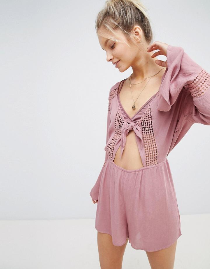 Influence Crochet Cut Out Beach Romper With Fluted Sleeves-pink