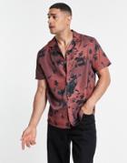 Asos Design Relaxed Revere Satin Shirt In All Over Floral Print-red