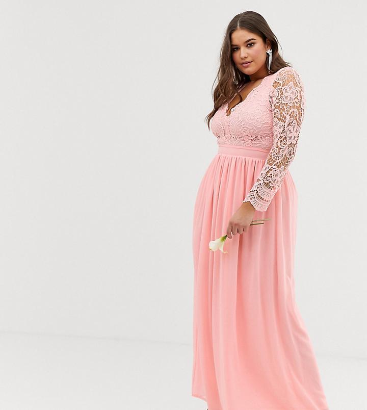 Club L Plus Bridesmaid Long Sleeve Crochet Detail Maxi Dress-pink