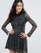 Oh My Love Lace Skater Dress With Contrast Collar - Black