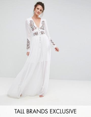 Frock And Frill Tall Folk Embroidered Button Down Maxi Dress - White