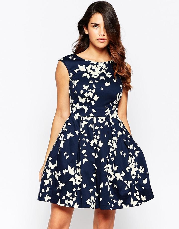Closet Fit And Flare Dress In Butterfly Print - Navy And White