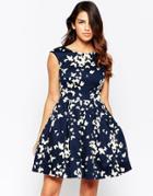 Closet Fit And Flare Dress In Butterfly Print - Navy And White