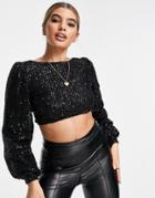 Na-kd Sequin Long Sleeve Cropped Top In Black - Part Of A Set