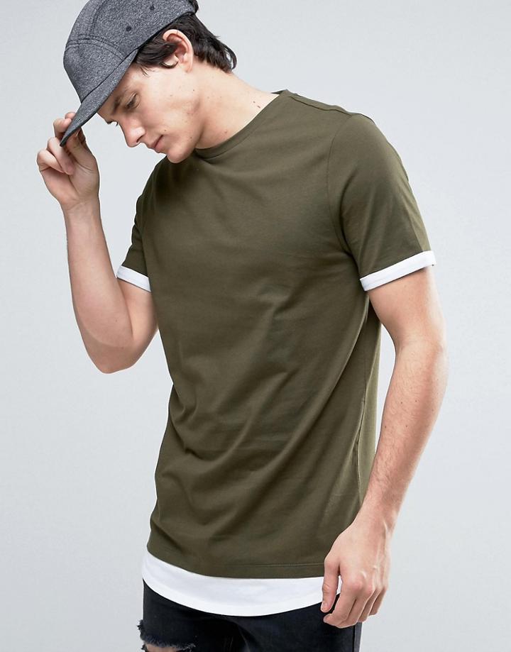 Asos Super Longline T-shirt With Hem And Roll Sleeve Extender In Green/white - Green