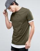 Asos Super Longline T-shirt With Hem And Roll Sleeve Extender In Green/white - Green