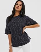 Asos Design Oversized T-shirt With Wavy Iridescent Crystal Studs-gray