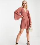 Asos Design Petite Textured Flare Skater Mini Dress In Deep Rose-pink