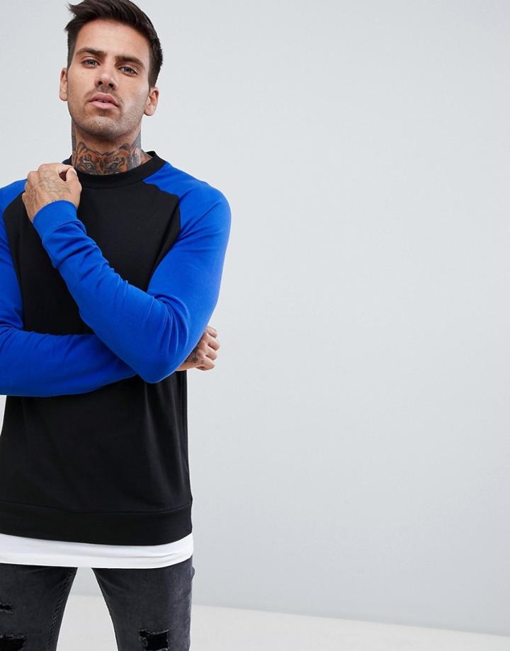 Asos Design Muscle Fit Sweatshirt With Raglan Sleeves And Hem Extender - Black