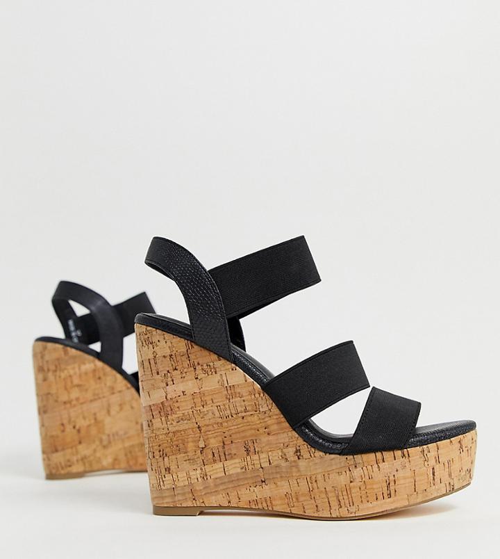 London Rebel Wide Fit High Heeled Cork Wedges - Black