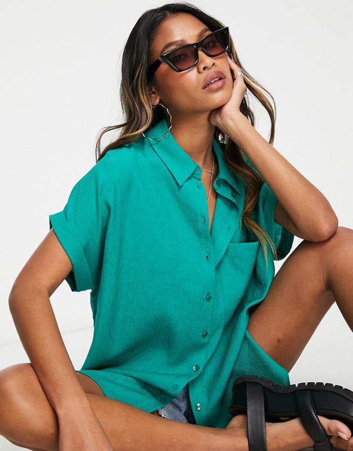 Topshop Crinkle Short Sleeve Shirt In Teal-blue