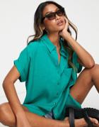 Topshop Crinkle Short Sleeve Shirt In Teal-blue