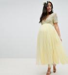 Maya Maternity Cap Sleeve Delicate Sequin Detail Tulle Midi Dress - Yellow