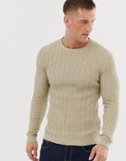 Asos Design Muscle Fit Lightweight Cable Sweater In Oatmeal - Tan