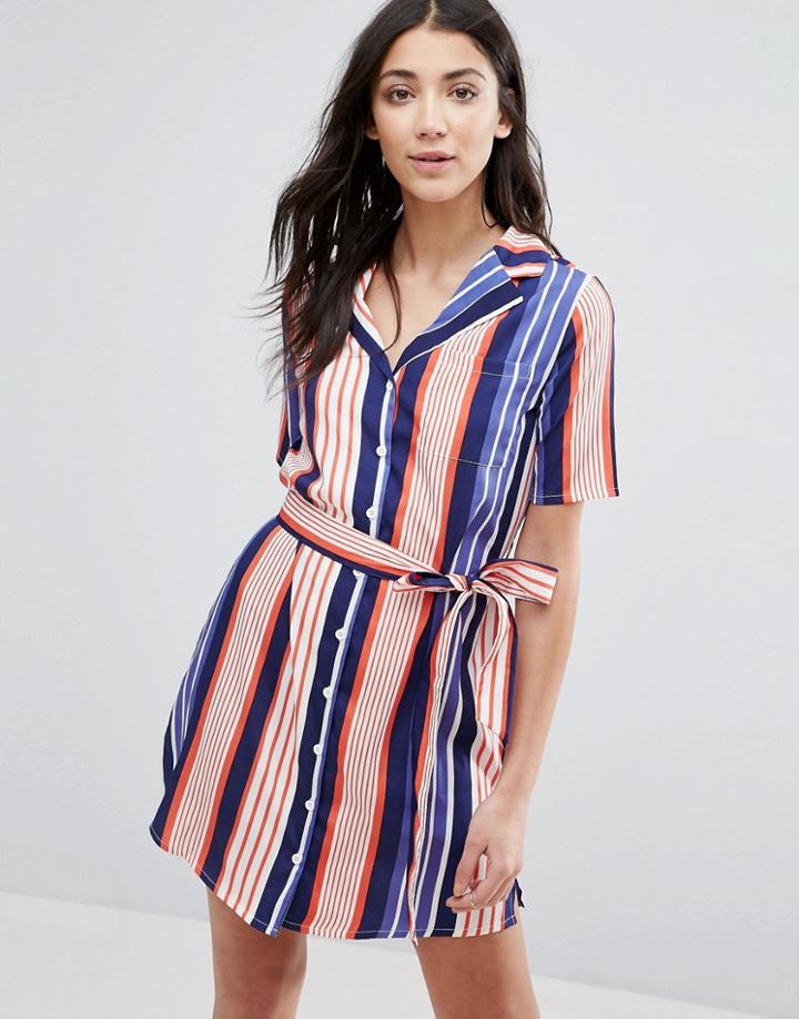 Influence Lapel Collar Striped Shirt Dress - Multi