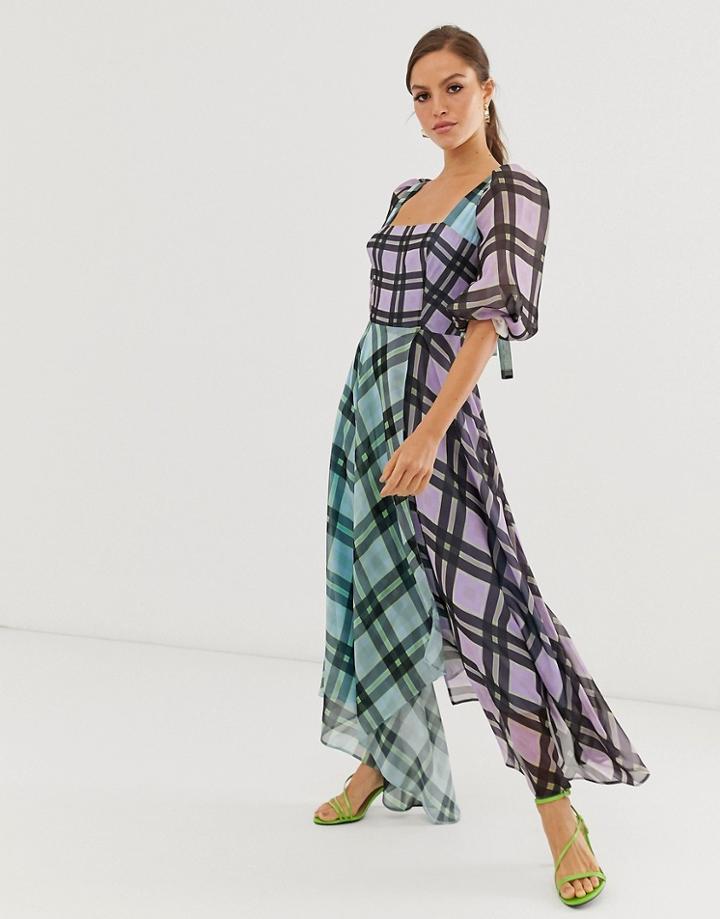 Asos Edition Off Shoulder Midi Dress In Mixed Check Print - Multi