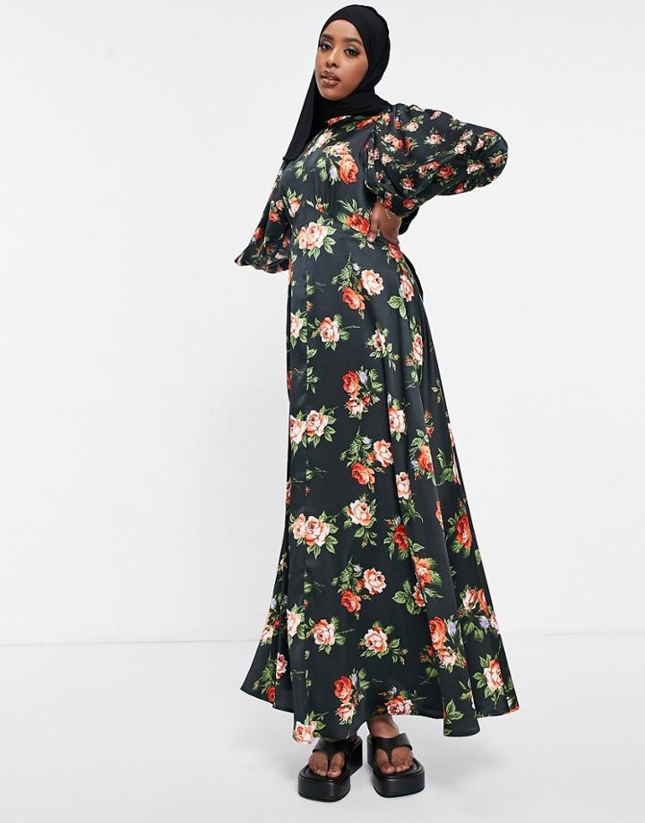 Asos Design High Neck Satin Maxi Dress In Rose Floral-multi