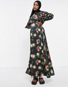 Asos Design High Neck Satin Maxi Dress In Rose Floral-multi