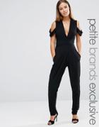 John Zack Petite Cutout Slinky Wrap Front Jumpsuit With Tie Waist - Black