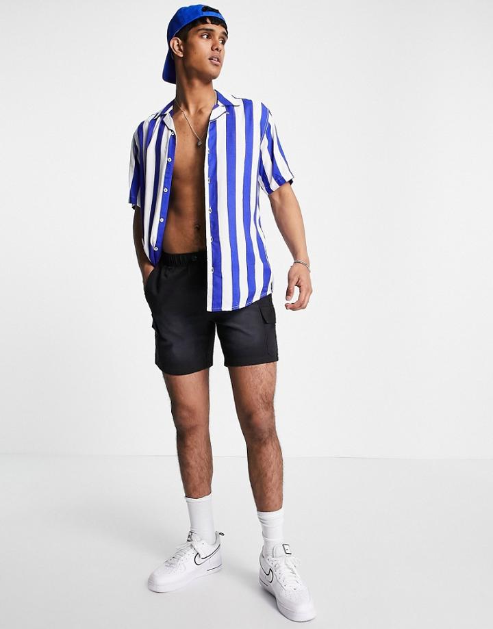 Only & Sons Short Sleeve Revere Collar Stripe Viscose Shirt In Navy