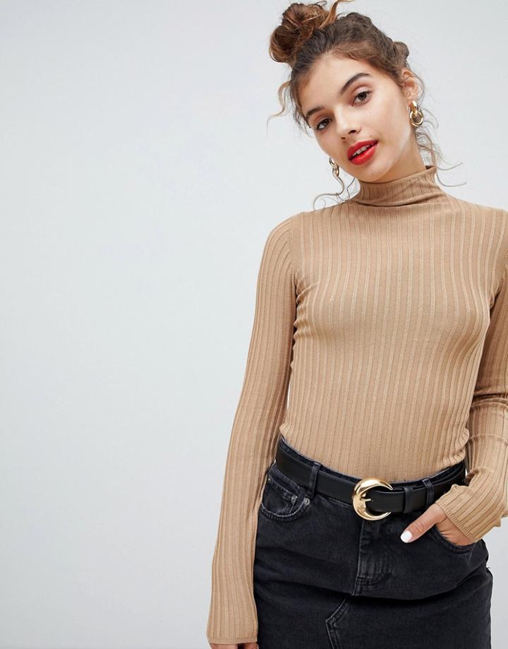 Bershka Vertical Ribbed Funnel Neck Sweater - Beige