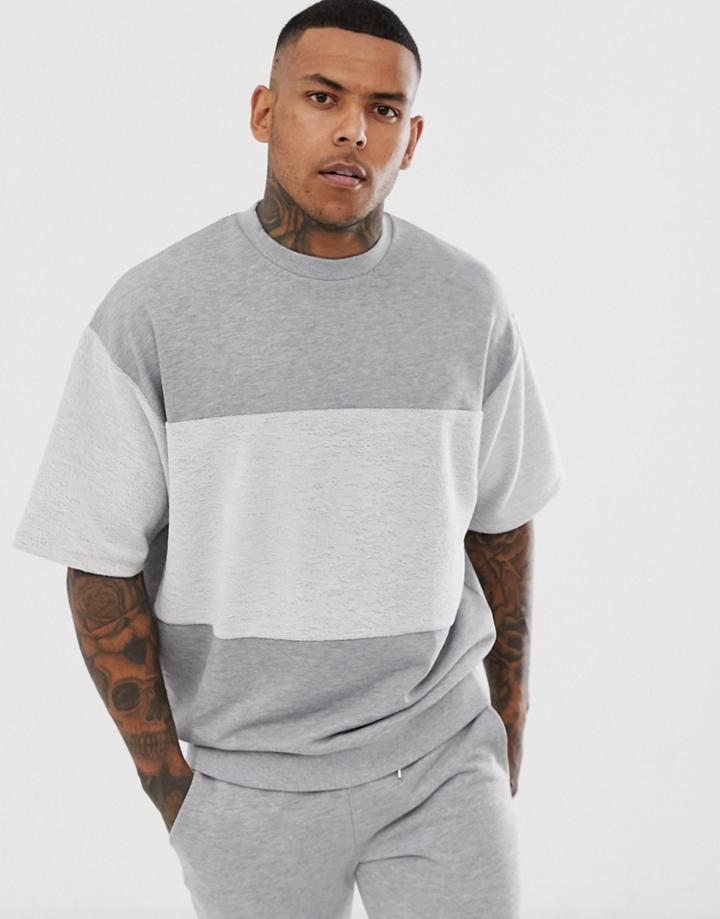 Asos Design Oversized Short Sleeve Sweatshirt With Reverse Panel In Gray Marl - Gray