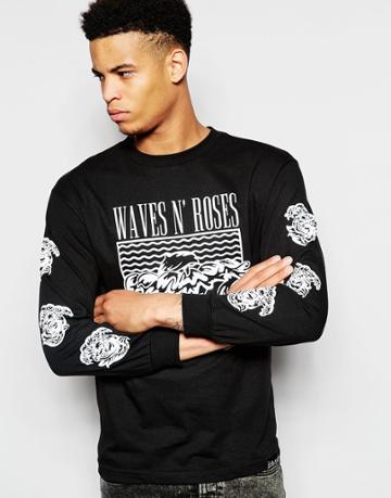 Pink Dolphin Long Sleeve T-shirt With Wave N Roses Print - Black