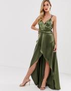 Asos Design Maxi Dress In High Shine Satin With Rope Trim Detail-green