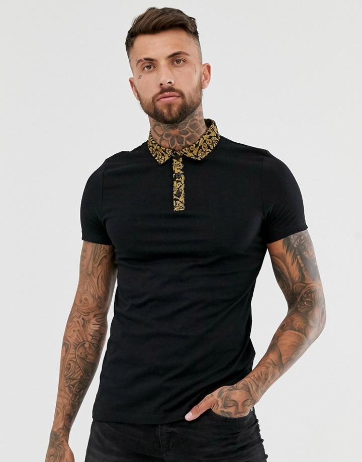 Asos Design Polo Shirt With Woven Paisley Collar - Black