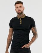 Asos Design Polo Shirt With Woven Paisley Collar - Black