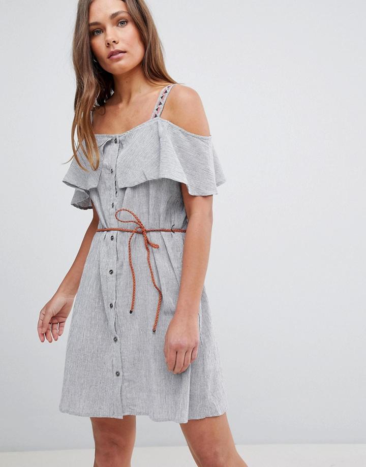 En Creme Cold Shoulder Dress With Embroiderry And Belt - Black