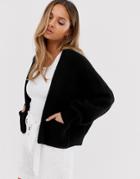 Asos Design Short Boxy Edge To Edge Cardigan With Pockets-black