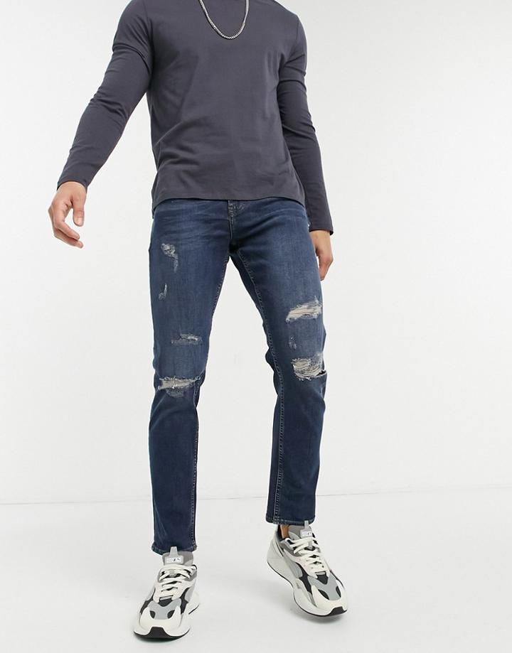 New Look Slim Jeans With Rips In Dark Blue Wash-blues
