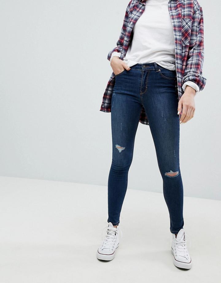 Pull & Bear Ripped Mid Waist Jean - Blue