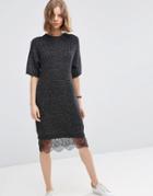 Asos Sweater Dress With Lace Hem Detail - Charcoal