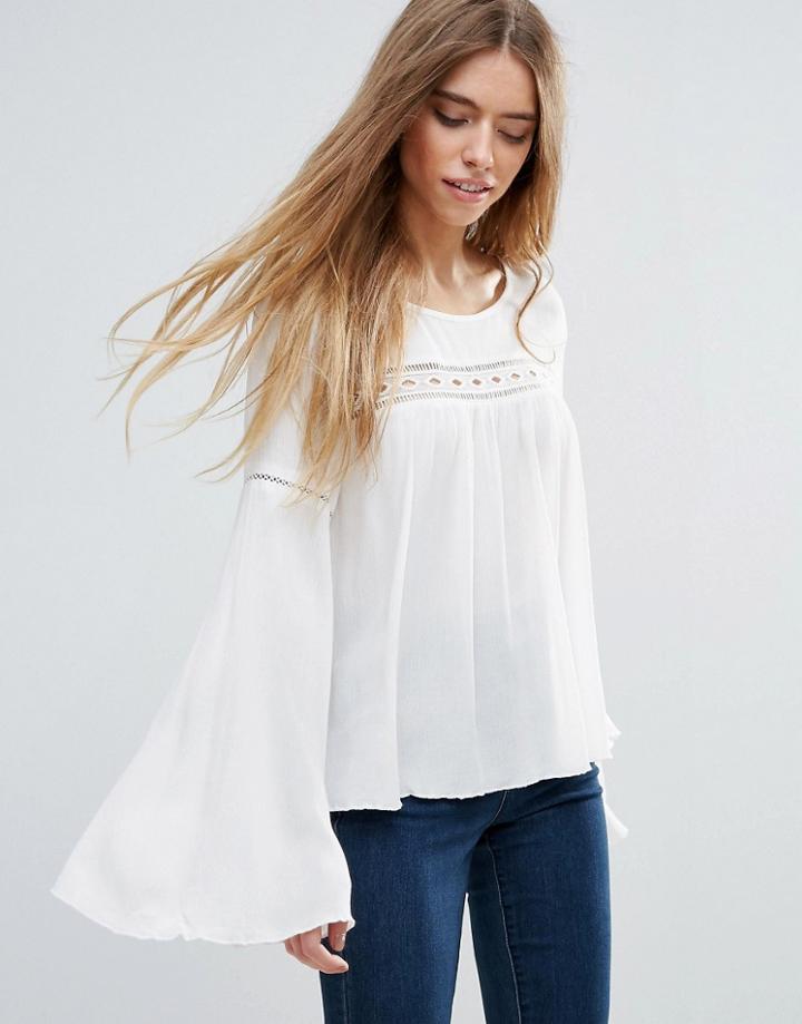 First & I Fluted Sleeve Boho Blouse - Cream