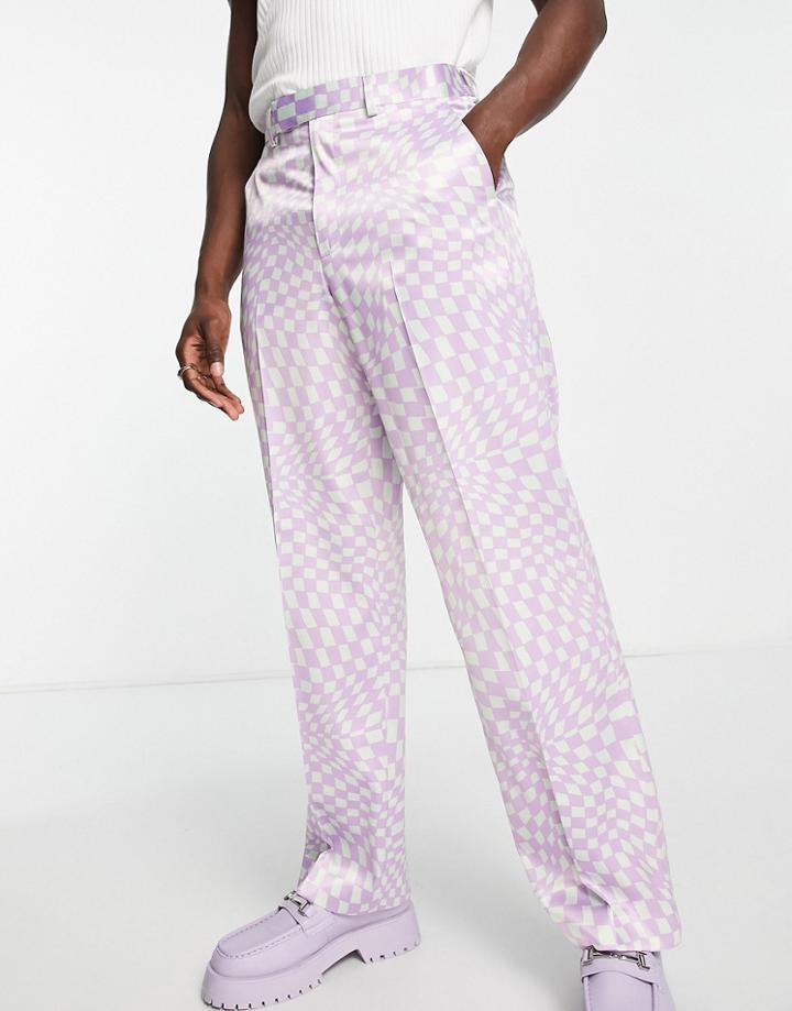 Asos Design Smart Wide Leg Pants In Green And Lilac Checkerboard - Part Of A Set