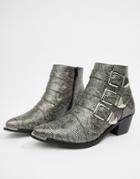 Pieces Snake Effect Buckle Ankle Boot - Gray
