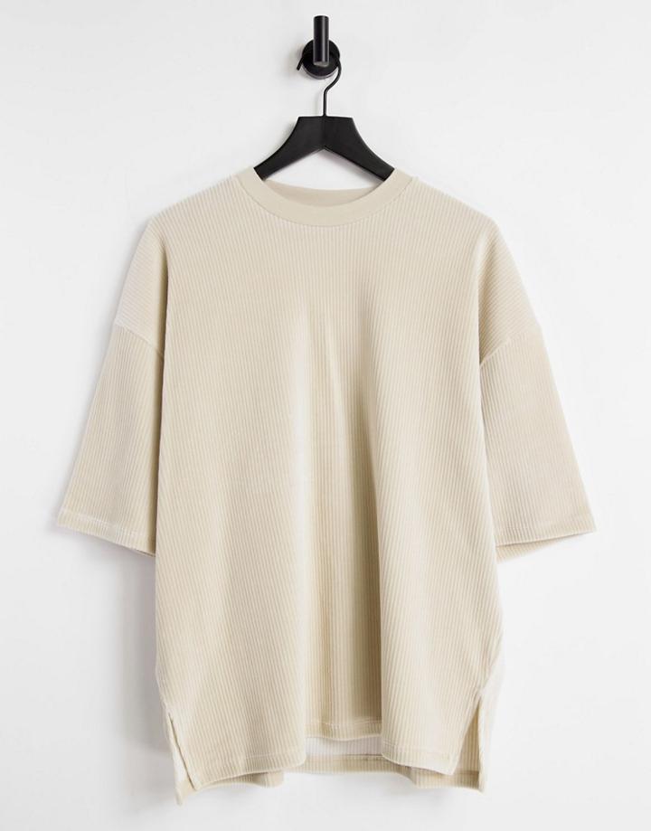 Asos Design Oversized T-shirt In Beige Ribbed Velour-neutral