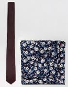 Asos Burgundy Tie And Navy Floral Pocket Square Pack - Multi