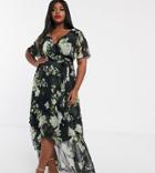 Asos Design Curve Cape Back Dipped Hem Maxi Dress In Green Floral Print-multi