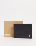 Asos Design Personalized Leather Wallet In Black With Silver T Initals