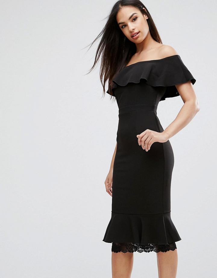 Vesper Off Shoulder Frill Pencil Dress With Lace Insert - Black