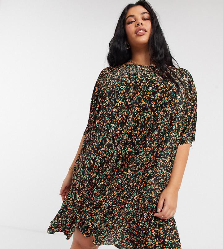Asos Design Curve Plisse Mini Smock Dress With Dip Hem In Black And Orange Floral Print