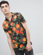 Asos Design Polo With All Over Floral Fruit Print And Revere Collar - Black