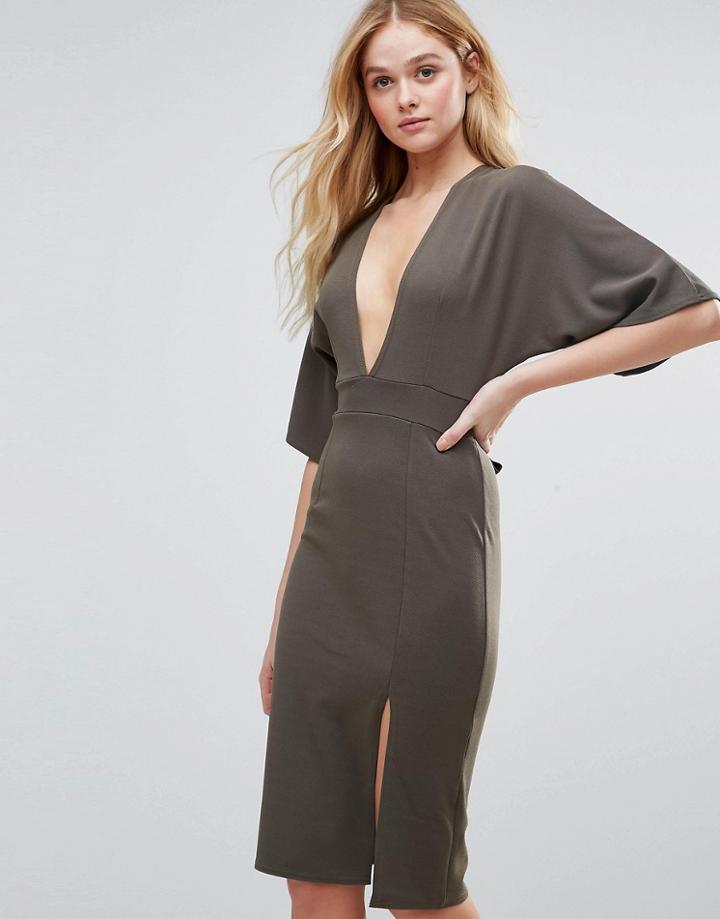 Rare Plunge Kimono Midi Dress - Green