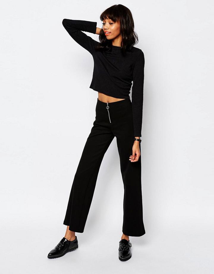 Monki Wide Leg Pant With Zip Detail - Black