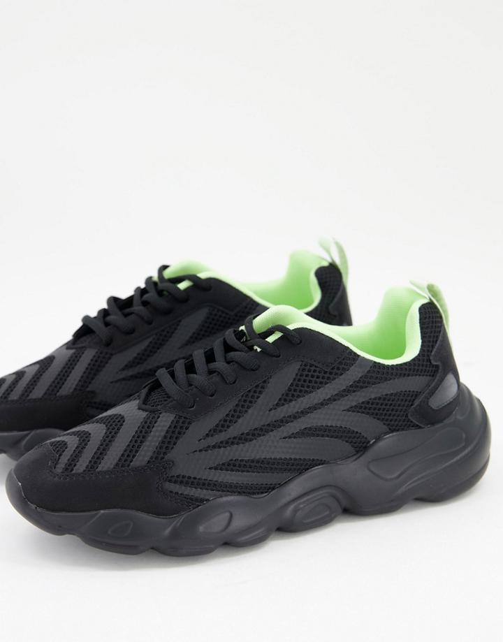 Asos Design Sneakers With Chunky Sole In Black With Green Lining