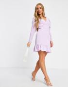 Asos Design Mini Wrap Dress With Gathered Sleeve And Pep Hem In Lilac-purple