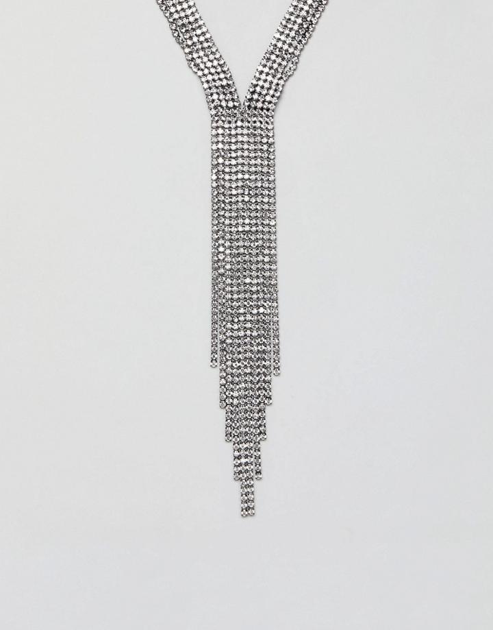 Asos Design Statement Necklace In Crystal With Fringing In Gunmetal - Silver